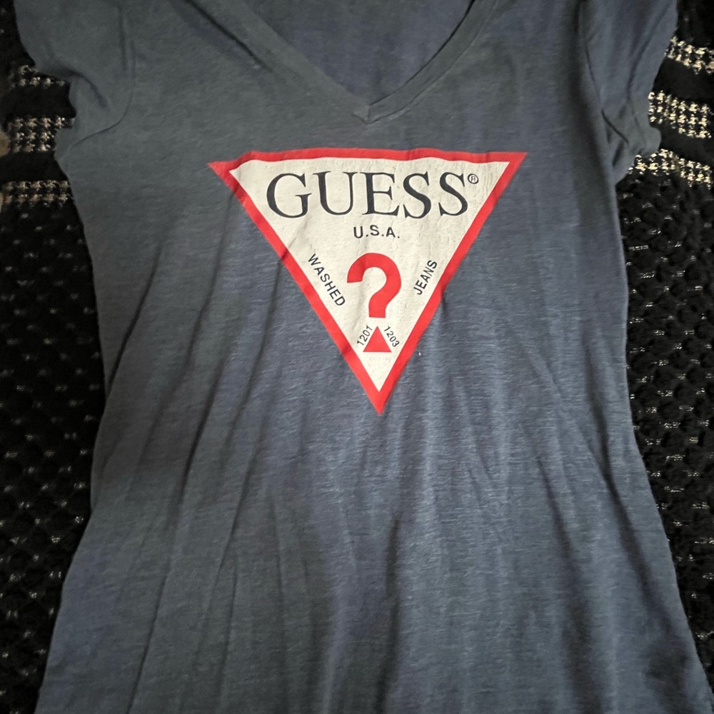 GUESS Women's Blue Logo V-Neck Tee